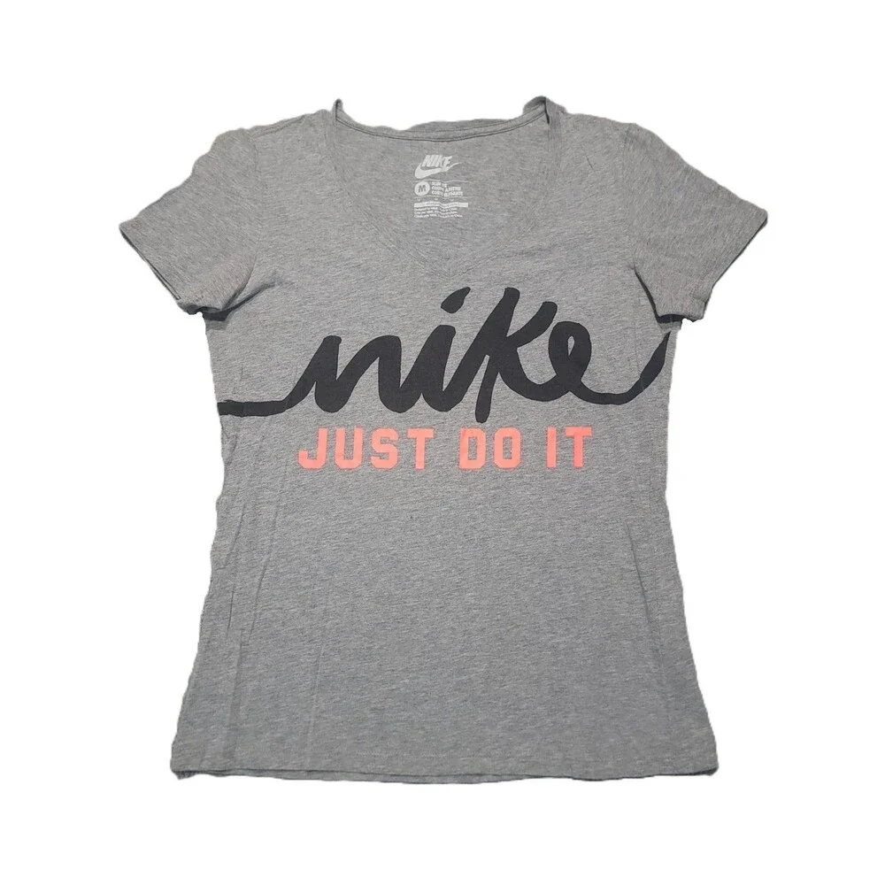 Nike T Shirt Womens M Slim Fit Gray Short Sleeve Scoop Neck Graphic Just Do It